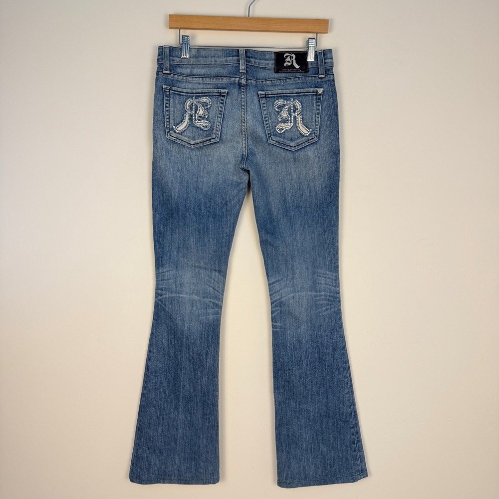 Rock & Republic Flare Jeans Women 29 Blue Embroidered R Pocket Y2K Vintage